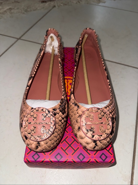 Tory Burch Shoes - Tory Burch Pink Snake-Embossed Minnie Travel Ballet Flats